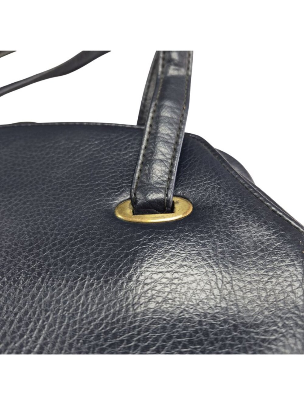 Vintage Navy Blue Leather Handbag Gold Hardware Top Handles & Beige Interior - Picture 3 of 16